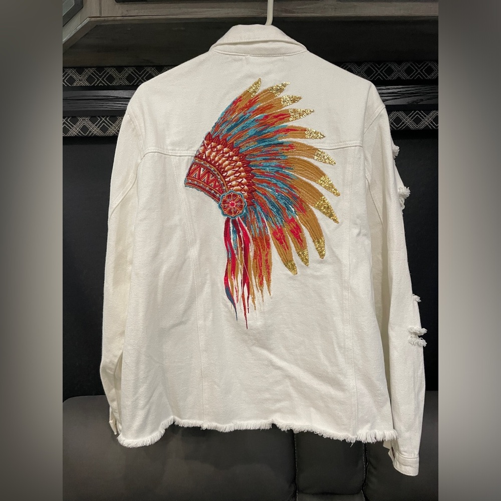 Savanna Jane Size M Denim Distressed Embroidered Sequined Indian Head Jacket